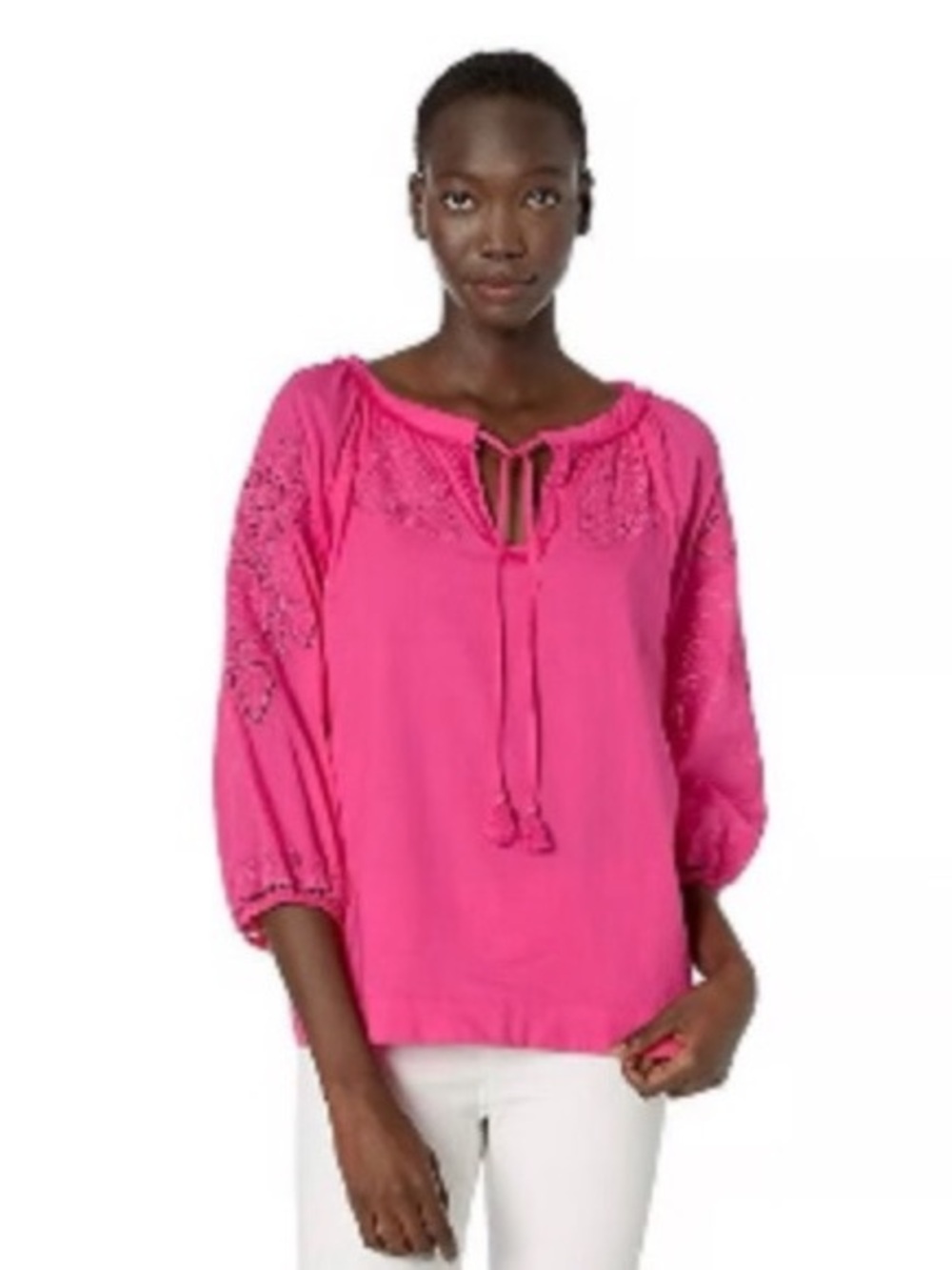 Trina Turk Ojai Lace Embroidered Top Size M Hot Pink 100% Cotton Peasant Blouse - Picture 12 of 13